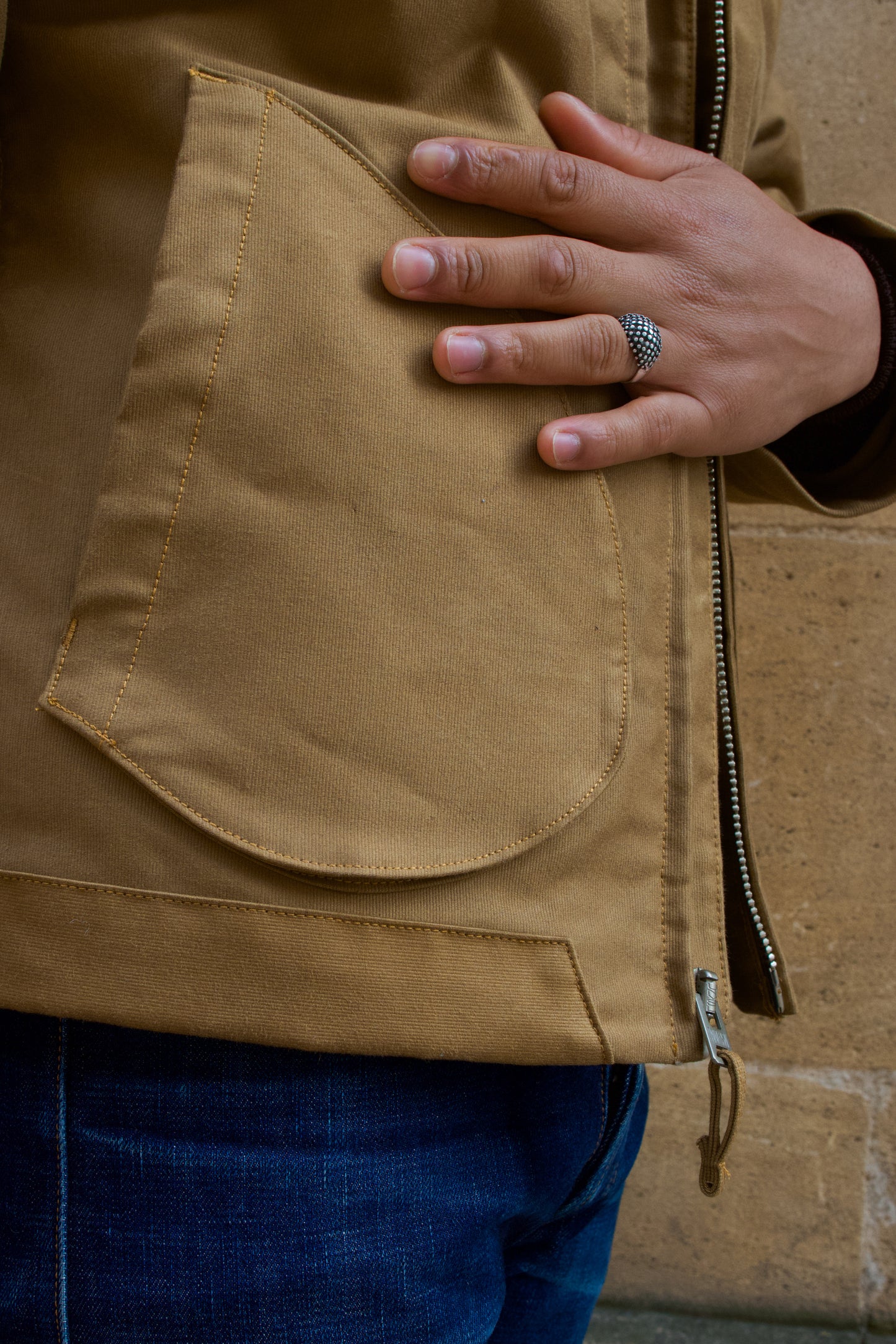 detail of the "D" shape pocket from the Mariner N1 dec jacket from Freenote Cloth