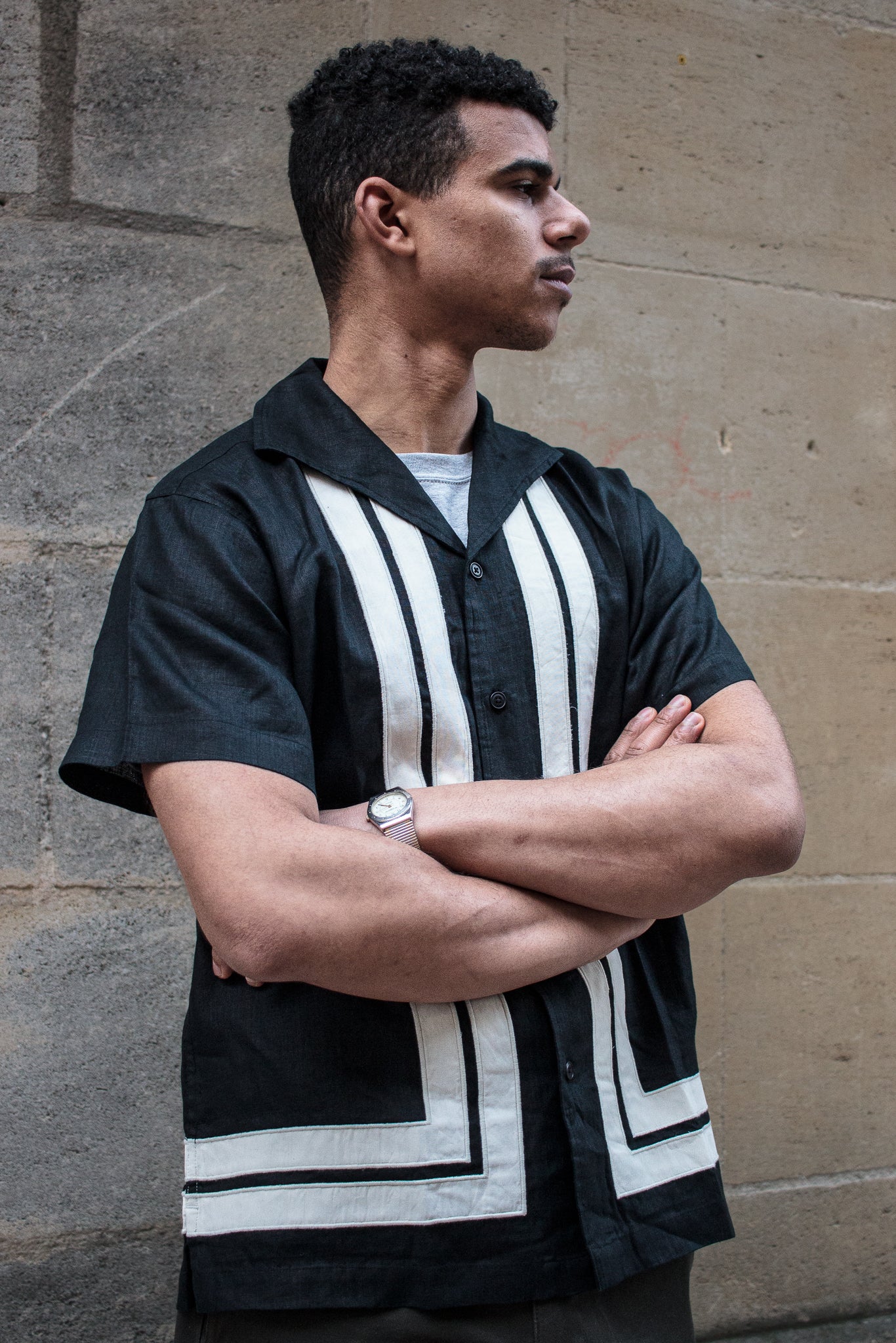 Leisure Shirt - Black / Natural - Border Stripe Applique