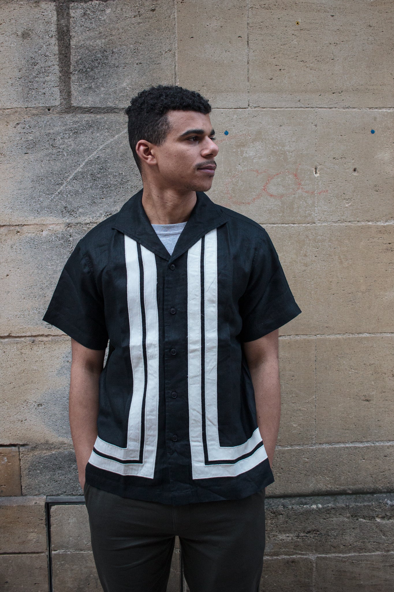 Leisure Shirt - Black / Natural - Border Stripe Applique